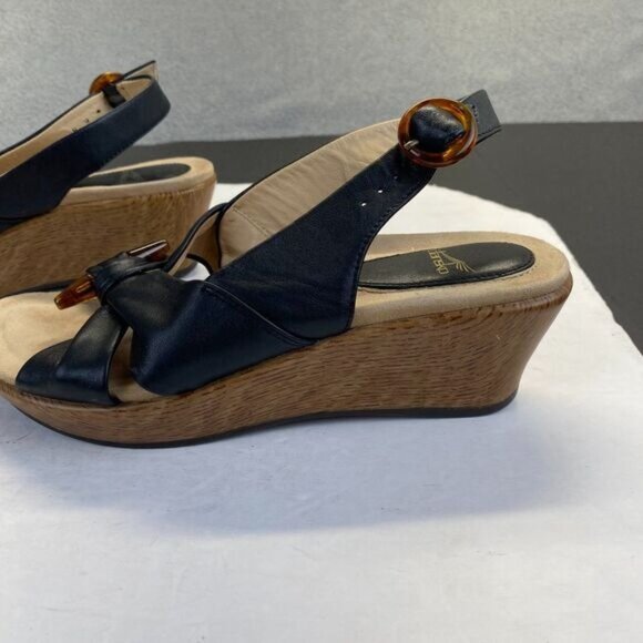 Dansko Sandals Womens Size 37 Black Leather Comfort Strappy Wedge Heels Strappy - Picture 13 of 14